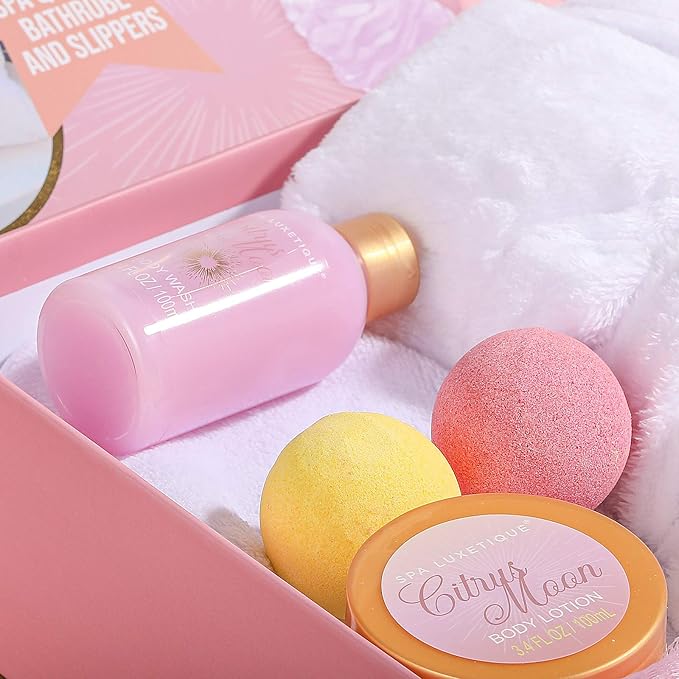 Spa Luxetique Robe and Slippers Spa Set Women, Christmas Gifts, 6pcs Flannel Soft Bath Robe, Bath and Body Works Bath Sets with Slippers, Body Lotion, Bath Bombs, Robe Sets for Women