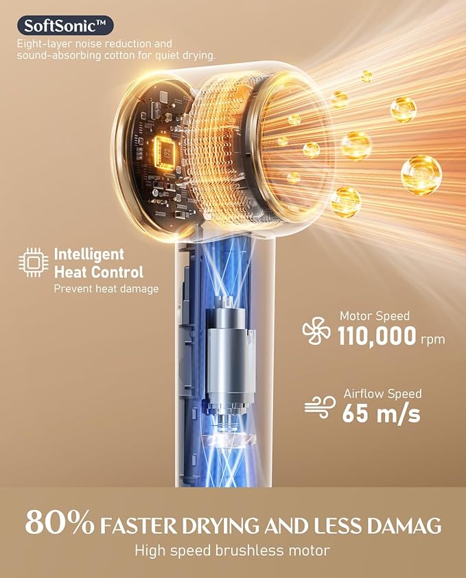 Fanttik Solo SonicDry H10 APEX 80% Faster Drying with 110,000 RPM Brushless Motor Hair Dryer, 56dB Low-Noise, 0.74lb Ultra-Light Blow Dryer, Ionic Tech for Travel, Home, Salon - Pink