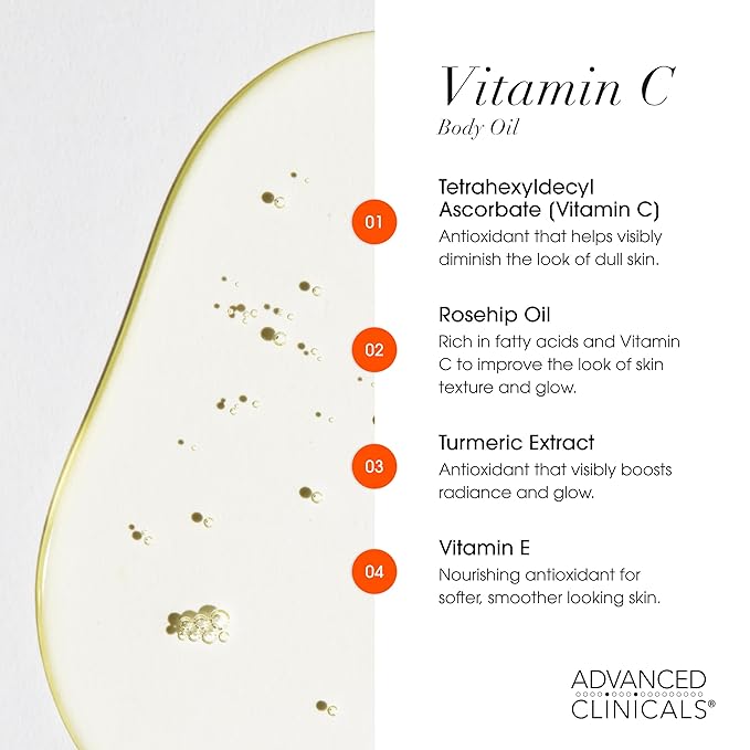 Advanced Clinicals Vitamin C Brightening Body Oil For Women & Men | Vitamin C Glow Oil Skin Care Body Moisturizer With Vitamin E + Botanicals To Help Improve Look Of Dark Spots + Dry Skin, 12 Fl Oz