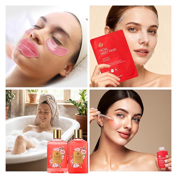 25 Pcs Valentines Day Gifts for Women, Red Rose Bath & Body Gift Set, Hydrating Skin Care Set, Luxury Self Care Gifts, Cosmetic Bag, Face Serum, Necklace, Christmas, Birthday, Mothers Day