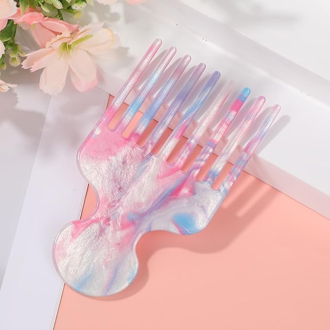 Wide Tooth Hair Pick Comb for Curls, 12cm/4.72in Detangling Lifting Comb Long Tooth Afro Pick Hair Styling Tool for Women Men Barber Supplies (Pink Blue)