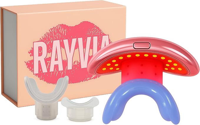Rayvia - Red Light Therapy Device for Face, Lips - Lip Plumper - Collagen Booster - Anti-Aging Skincare Tool for Women - Fine Line Reducer - Blue Light Whitening Mouthpiece - Home Beauty (Rose Gold)