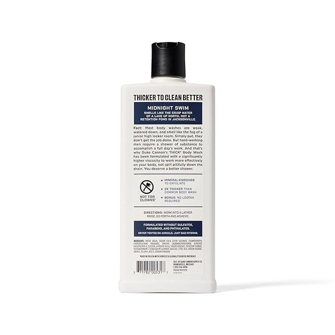 Duke Cannon Supply Co. Thick High Viscosity Body Wash - 3X Thicker, Cleansing Shower and Bath Gel, Mineral-Enriched Body Wash for Men - Sandalwood + Lavender - Mens Body Scrub - Midnight Swim (18 oz)