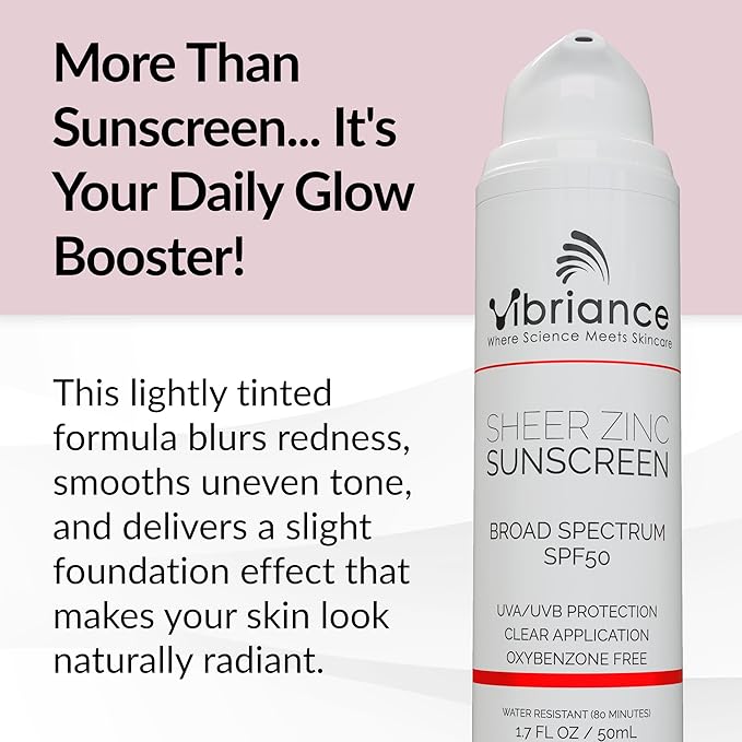 Vibriance Sheer Zinc Sunscreen - Tinted Sunscreen for Face SPF 50, Lightweight Facial Moisturizer with Niacinamide, Hyaluronic Acid - 1.7 fl oz