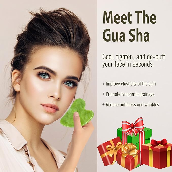 Gua Sha Facial Tools, Natural Anti-Aging Jade Beauty Skin-Care Tool, GuaSha to Rejuvenate Facial Skin Cooling, Slimming & Firming, Great as Stocking Stuffers