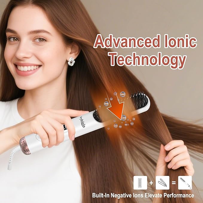 Hair Straightener Brush, Ionic Straightening Comb for Women, Anti-Frizz, 10 Temp Settings, Fast Heating, Dual Voltage, Professional Styling Tools