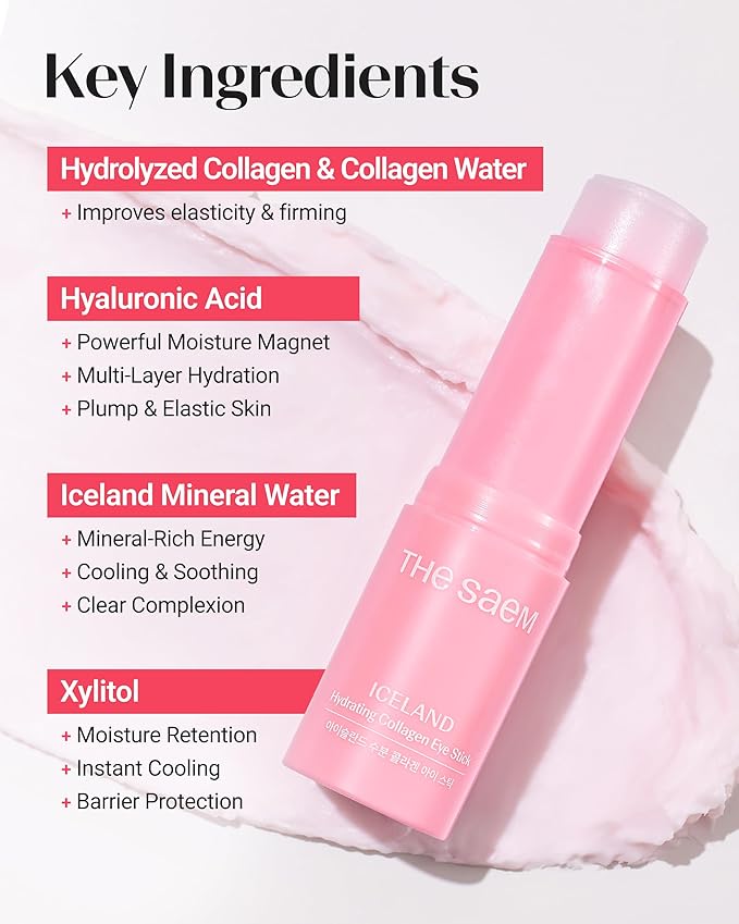 THESAEM Iceland Hydrating Collagen Eye Stick 0.38 oz - Anti-wrinkle Moisturizing Eye Balm for Saggy Skin – Under Eye Treatment - Balm to Smooth Skin Texture - Rose Scent