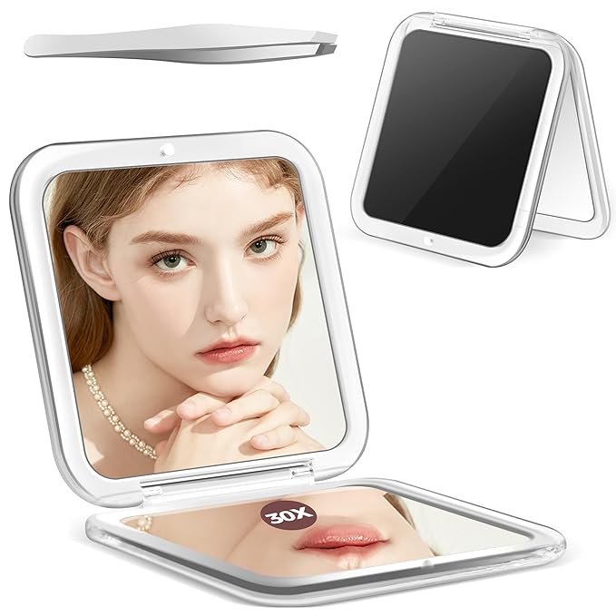 MIYADIVA Compact Mirror, 30X Magnifying Mirror, Pocket Mirror for Purse, Travel Makeup Mirror with 30X/1X Magnification, Travel Essentials Mirrors, Precision Tweezers, Present for Girls