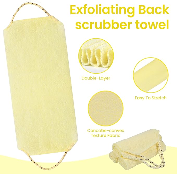 3 Pcs Double-Sided Back Exfoliator Body Scrub Towel, Exfoliating Back Scrubber with Handles,Exfoliating Washcloth Bath Tool in Shower, Stretchable Back Washer to Deep Cleans Skin (Beige)