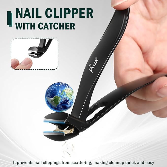 FVION 1Pcs Angled Head Nail Clippers for Seniors, Ergonomic Toenail Clipper for Thick Nails Trimming, Stainless Steel Nail Cutter Trimmer with Catcher for Men and Women (Black)