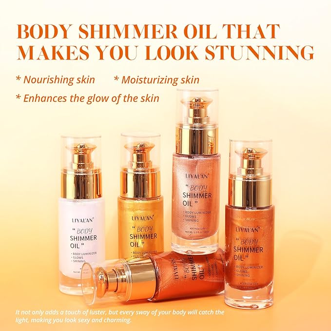 Liyalan Shimmer Body Oil 5 Color Options 1.0 fl.oz Face Glow Pearl Highlighter Illuminator Long-Lasting Shine Glitter Liquid Tanning with Makeup Brush Included (#03 Bronze Gold)