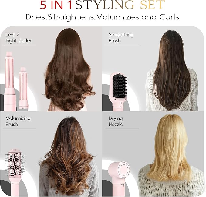 5 in 1 Air Wrap Hair Styler,Dual Voltage Professional Frizz Free Hair Dryer Brush - High-Speed Hot Air Styler, No Heat Damage Auto Wrap Hot Air Styler Wrap, Fast Drying, Curling, Straightening (Pink)