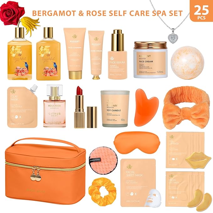 25 Pcs Valentines Day Gifts for Women, Bergamot & Rose Bath & Body Gift Set, Hydrating Skin Care Kit, Pamper Self Care Gifts, Leather Bag, Serum, Necklace, Christmas, Birthday, Mothers Day