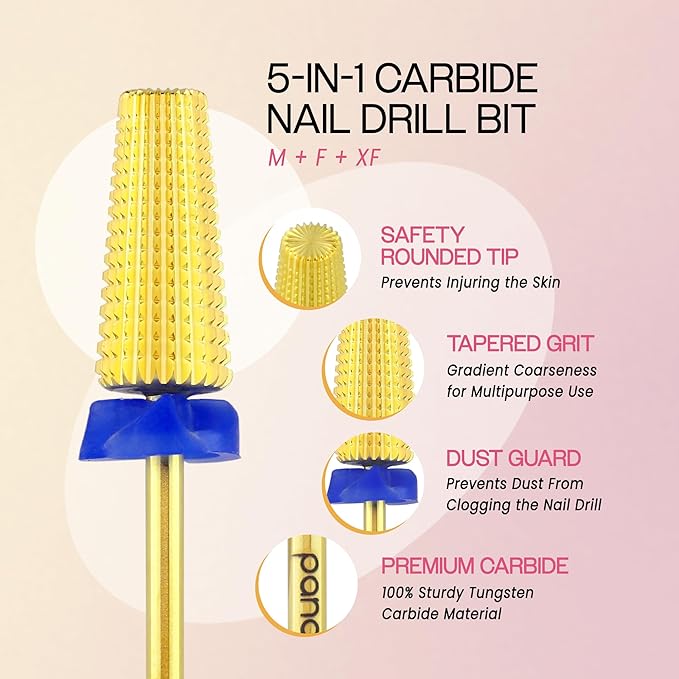 PANA 3/32" Shank 5-in-1 Nail Carbide Bit - (Triple Coarse - Medium Grit, Gold) - Two Way Rotate use for Both Left and Right Handed Fast Remove Acrylic or Hard Gel