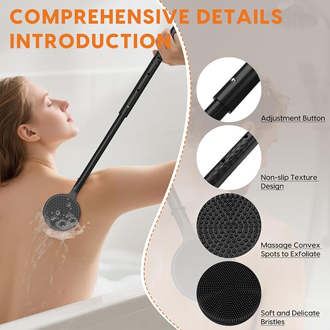 Silicone Back Scrubber for Shower with 24 inch Adjustable Handle, Double Sided Shower Brush for Exfoliating and Massage