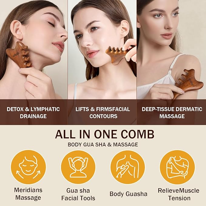 MoyRetty 4-in-1 Gua Sha Tool, Sandalwood Face & Body Massager, Lymphatic Drainage Massage Comb with Storage Pouch (Golden Sandalwood)