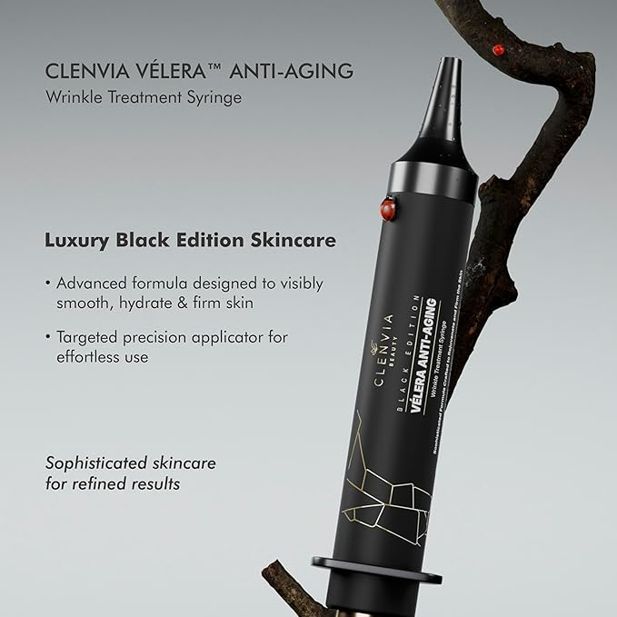 Vélera Anti-Aging Wrinkle Treatment Syringe – Black Edition by Clenvia Beauty – Advanced Line-Reduction & Skin-Firming Formula with Cucumber & Rhodiola – 10ml Precision Applicator