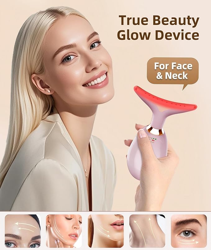 Red Light Therapy for Face and Neck, 7 Color Light Based Face Massager Tool, Portable Skin Care Tool for Firming, Tightening and Lifting (Glossy Pink)