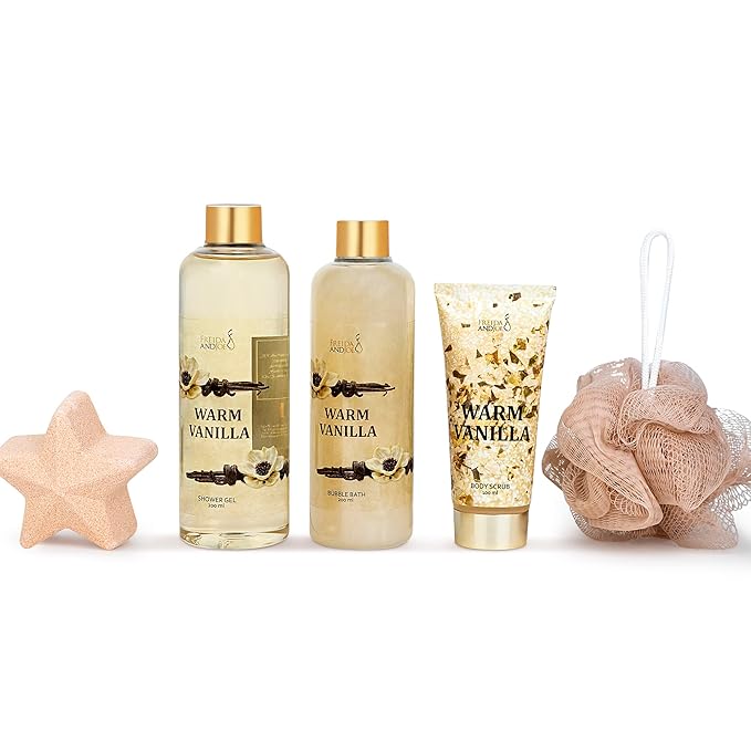 Freida & Joe Fragrance Bath & Body Collection Gift Box, Includes Shower Gel, Body Lotion, Body Scrub, Bath Bomb & Sponge (Warm Vanilla)