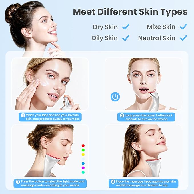 7 Color Light Face and Neck Massager Tool of Double Chin Reducer, Facial Massager with Adjustable Vibration and Thermals for Wrinkles Face Sculpting Tool with Base (White)