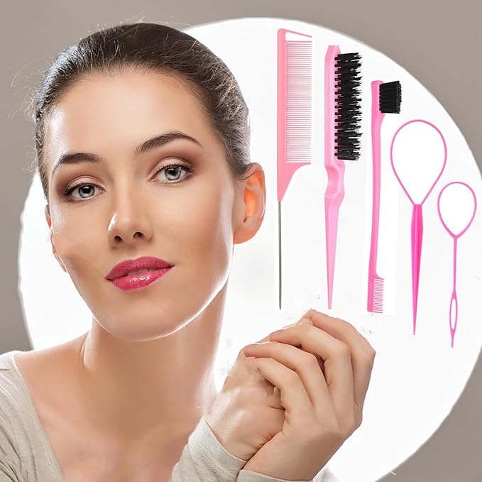 5Pcs Slick Back Brush Set with Topsy Tail Tool, Teasing Bristle, Rat Comb for Women & Girls Hair Styling, Flyaways Control and Edge Combing - Pink