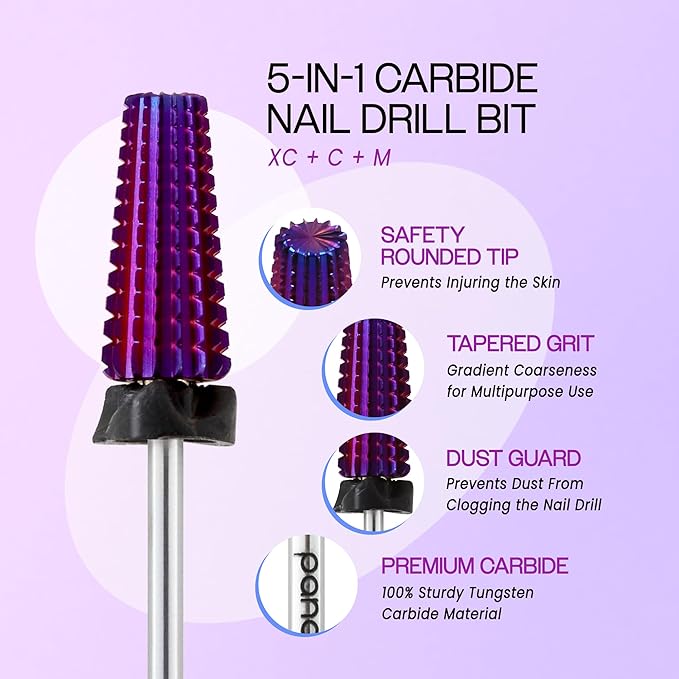 PANA 3/32" Shank 5-in-1 Nail Carbide Bit - (Triple Coarse - Extra Coarse Grit, Purple) - Two Way Rotate use for Both Left and Right Handed Fast Remove Acrylic or Hard Gel Machine