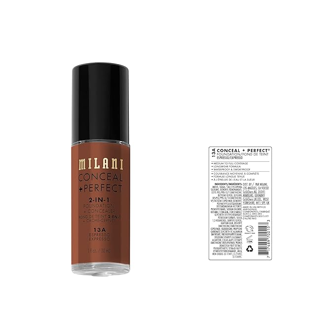 Milani Conceal + Perfect 1 Fl. Oz. Espresso Liquid Foundation - Cover Under-Eye Circles, Blemishes & Skin Discoloration for a Flawless Complexion