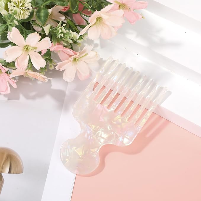 Wide Tooth Hair Pick Comb for Curls, 12cm/4.72in Detangling Lifting Comb Long Tooth Afro Pick Hair Styling Tool for Women Men Barber Supplies (Colorful White)