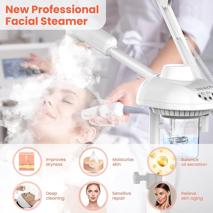 TASALON 2-in-1 Professional Facial Steamer with 5X Magnifying Lamp, Esthetician Steamer on Wheels, White, Facial Steamer, Cleansing, Hydrating, Pore Treatment