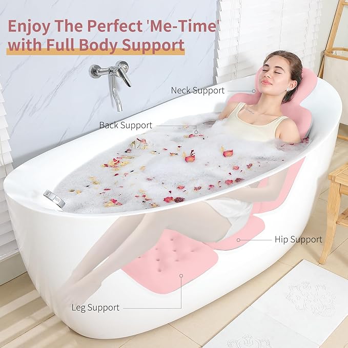 Luxury Bath Cushion, Full Body Bathtub Pillow with 160 Suction Cups, Bath Mat for Head and Neck Support, with Laundry Bag (Light Pink, 51.2" x 16.2")