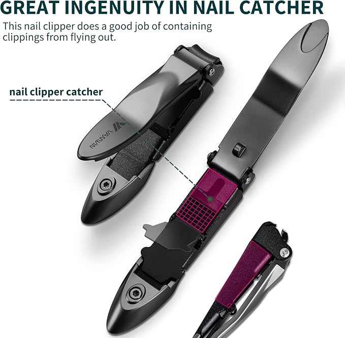 Nail Clippers with Catcher, No Splash Fingernail Toenail Clippers with Sharp Curved Blade and Glass Nail File, Wide Jaw Opening Stainless Steel Nail Cutter Trimmer for Seniors Adult Men Women