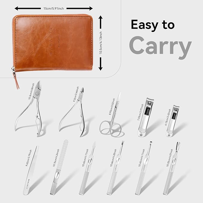 Makartt Manicure Kit: Professional Nail Care Clippers Set - 11 pcs Stainless Steel Tavel Women Men Fingernail Grooming Tool with Portable Brown Leather Case