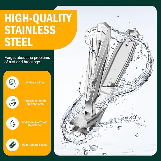 FVION Angled Head Toe Nail Clippers for Thick Nails - Ergonomic Long Handle Toenail Clippers for Seniors with Safety Lock, Stainless Steel Finger Nail Clippers with Catcher for Men and Women (Silver)