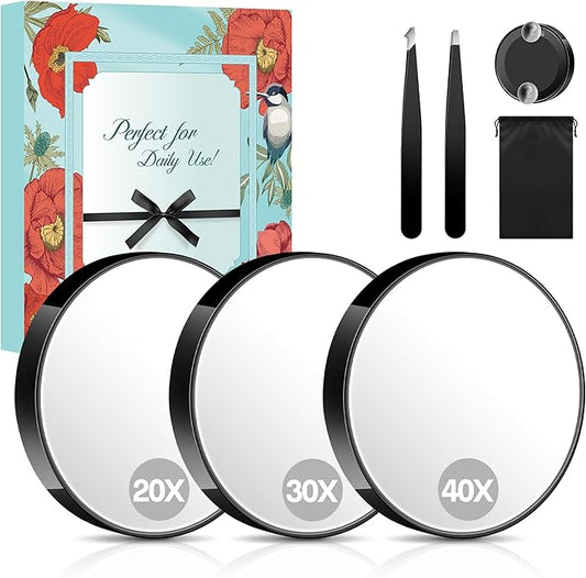 MIYADIVA Magnifying Mirror Set, 20x&30x&40x Suction Cup Makeup Mirror, 2 Tweezers & Storage Bag, 3.5 Inch Compact Mirror for Travel, Bathroom, Home, Gifts for Women