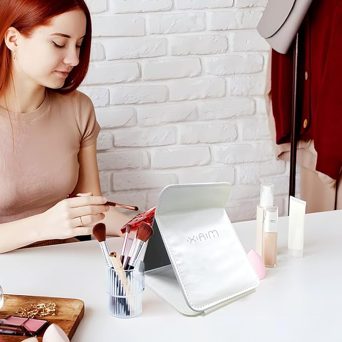 Foldable Travel Makeup Mirror, Adjustable Angle Portable Standing Vanity Mirror, Compact PU Leather Design for Home/Camping/Desktop Use,Elegant White(8.4"x6")