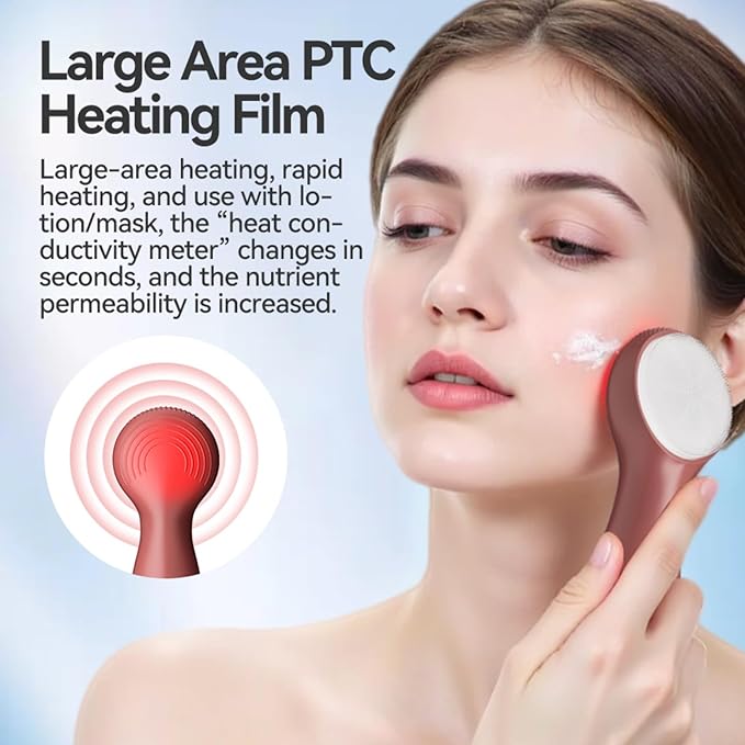 Facial Cleansing Brush Electric, Silicone Heated Face Scrubber with 7 LED Lights, Rechargeable Vibration Exfoliating Cleanser for Deep Cleaning & Gentle Massage, Skin Care Tool, Ideal Gift (Brown)