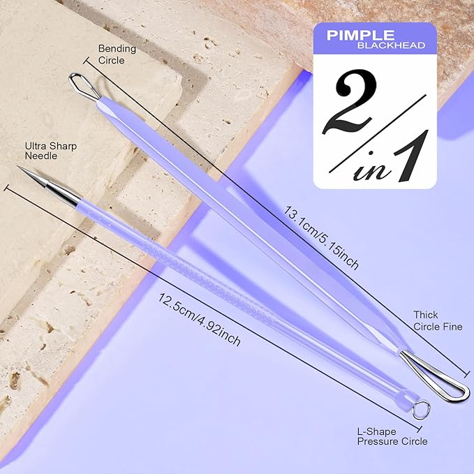 Teenitor Pimple Extractor Acne Treatment Tool Blackhead Comedone Removal 2-in-1 Popper Tool for Face Blackhead Extractor Tool Purple