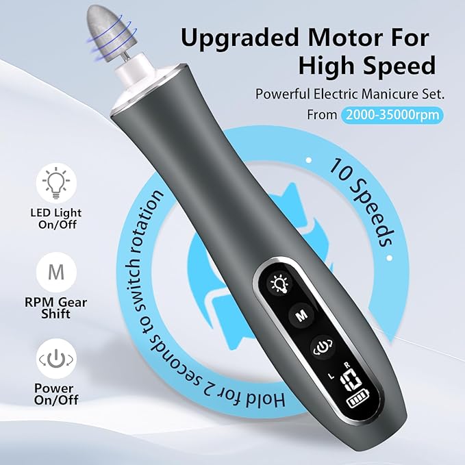 Electric Nail File Drill, Cordless 2000 mAh Rechargeable Nail Filer Electric, Portable Nail Dril 10 Speeds Professional Machine Drill for Nails Acrylic Manicure and Thick Toenails Grinder