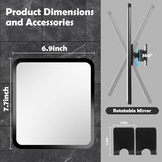 Shower Mirror Anti-Fog Shaving Mirror 7.7 * 6.9 Inch Anti-Fog Shower Mirror Swivel with 2 Razor Holders Bathroom Mirror Shower Accessories Bathroom Accessories. (Black)