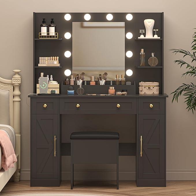 Vanity Desk with Mirror & Lights, Makeup Vanity Table with Charging Station, 3 Lighting Modes, Large Storage Space with Drawers and Shelves, Elegant White Vanity Set for Bedroom Dressing Room