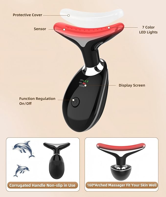 Red Light Therapy for Face and Neck, 7 Color Light Based Face Massager Tool, Portable Skin Care Tool for Firming, Tightening and Lifting (Glossy Black)