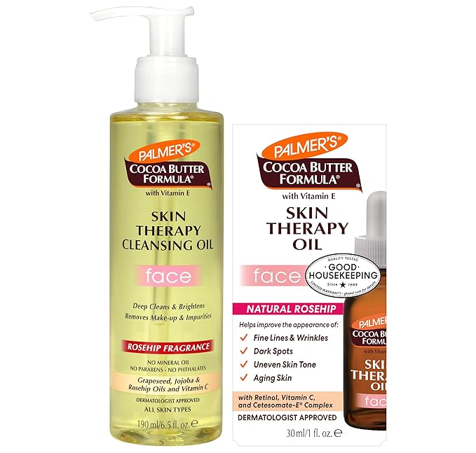 Palmer's Face Oil + Facial Cleanser Oil, Cocoa Butter with Vitamin E & Rosehip Fragrance Skin Care Bundle, Includes 1 Cleansing Oil to Clean & Brighten Skin (6.5 fl oz) and 1 Facial Oil (1 fl oz)