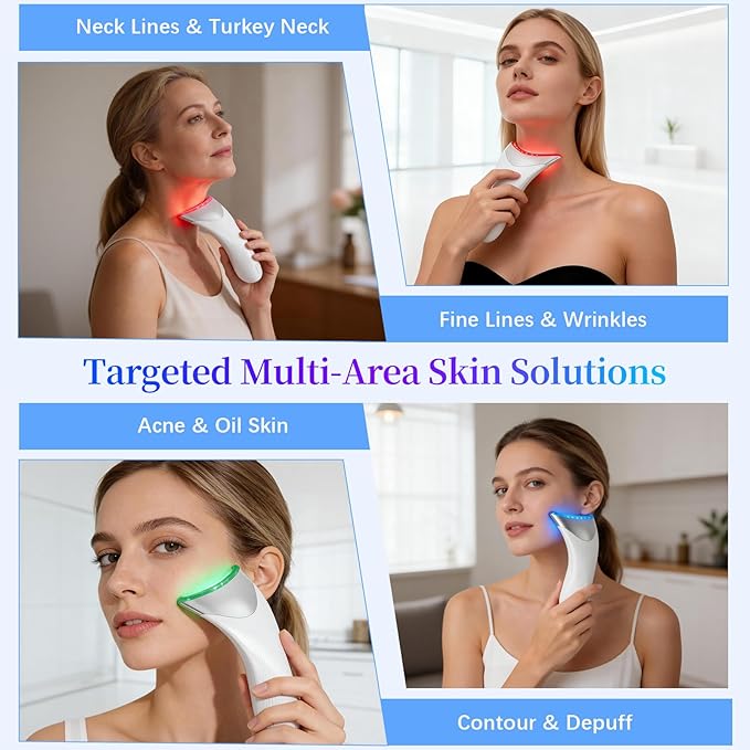 7 Color LED Neck Face Massager Red Light Care Beauty Device, Vibration & Heat Facial Sculptor Massager Tool for Anti-Wrinkle Skin Care, Ideal for Home Travel Gifts, White