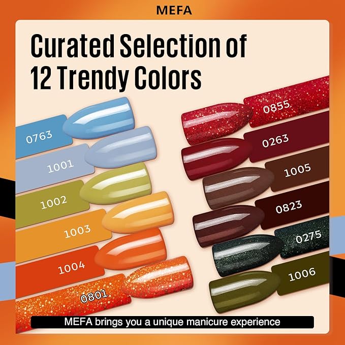 MEFA Fall Gel Nail Polish Set, 12 Colors Orange Burgundy Red Gel Polish Set Flash Dark Red Glitter Nail Polish Shimmer Nude Brown Blue Yellow Nail Gifts for Women Girl DIY Salon Home Spring Summer