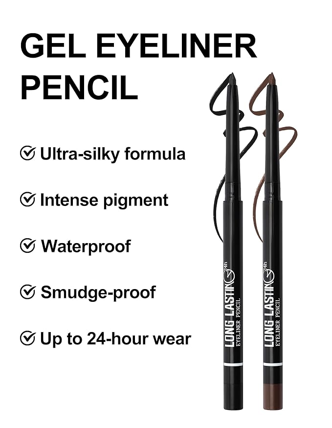 Erinde 2PCS Waterproof Gel Eyeliner Pencil, Glide on Smooth Eyeliner for Mature Women, Long-Wearing Matte Gel Cream Texture, Creamy Retractable Eye Liner, Built-in Sharpener, Transfer-Proof, Brown