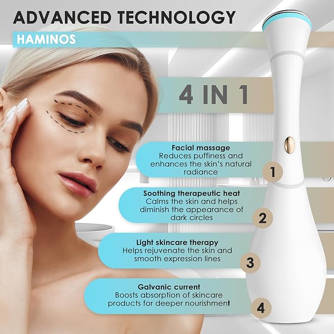 Eye Massager Wand with Heat, Vibration & Red/Blue LED, Ionic (Galvanic) Skincare Absorption, USB‑C Rechargeable with Charging Base, Helps Reduce the Look of Puffiness & Dark Circles