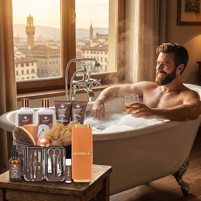 Valentines Day Gifts for Men, 21 Pcs Sandalwood Bath & Body Care Kit, Beard Gift Set for Men, Shave Beard Kit, Leather Bag, Home Spa Kit, Relaxing Men's Gift Basket, Birthday, Father's Day Gift