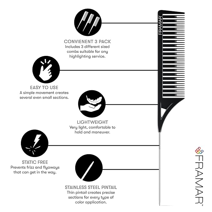 FRAMAR Dreamweaver Highlight Comb Set - Professional Highlighting Comb With Parting Tip, Foiling Combs For Highlighting, Highlight Combs For Highlighting – 3 Pack Black