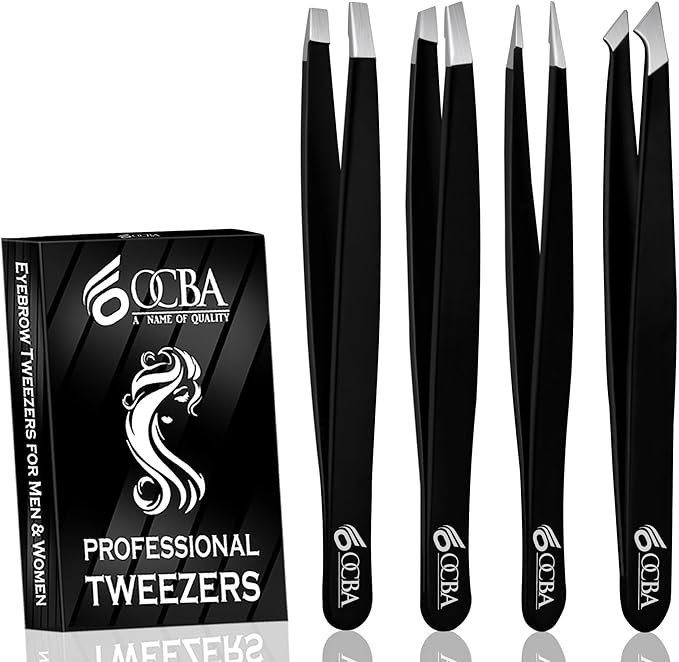 4 Pcs Tweezers for Facial Hair Women & Men for Precise Grooming of Eyebrows - Professional Stainless Steel Black Color Coated Eyebrow Tweezers for Ingrown Hair on Nose Ear