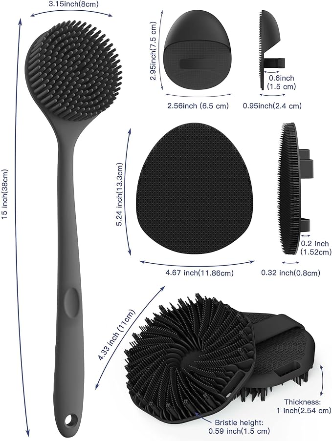 Manmihealth Silicone Back Scrubber & Soft Bath Glove, Silicone Scalp Massager Set 5 PCS, Super-Exfoliating Body Scrubber Shower Brush & Shampoo Brush Combination, with 2 Free Hooks (Style 2 Black)